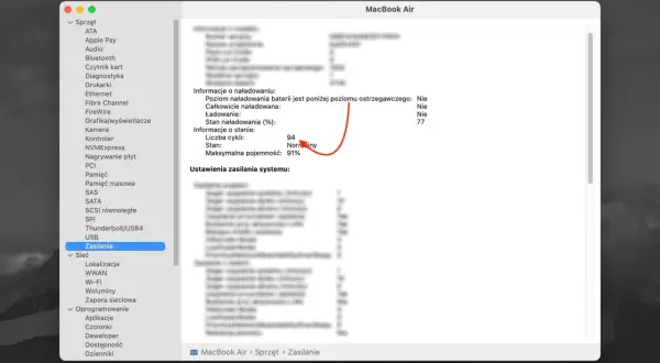 Jak sprawdzić kondycję baterii w MacBook Air: w sekcji "Zasilanie" widzimy stan naładowania 91% i 94 cykle.