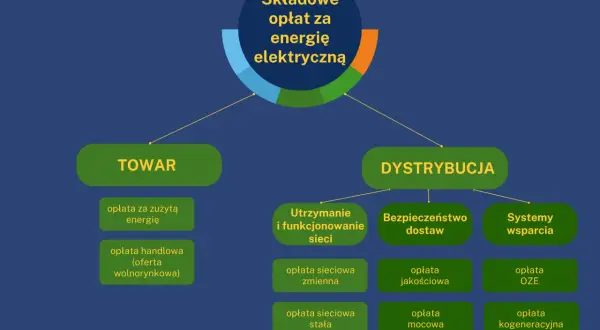 Schemat opłat za energię elektryczną: Towar, Dystrybucja, opłata kogeneracyjna, opłaty sieciowe, OZE.