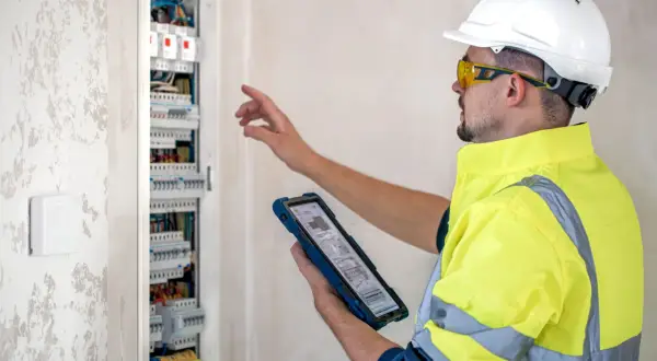 Elektryk w kasku i kamizelce odblaskowej sprawdza rozdzielnicę elektryczną na tablecie.