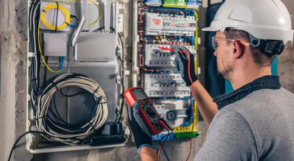 Elektryk w kasku mierzy napięcie w skrzynce z bezpiecznikami, dbając o to, by nie było strat energii biernej.