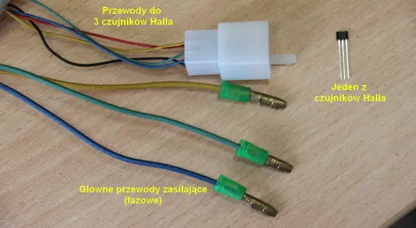 Przewody zasilające i do 3 czujników Halla, jeden z czujników Halla widoczny obok.