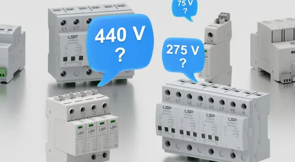 Różne modele zabezpieczeń przeciwprzepięciowych LSP, z pytaniami o napięcie: 440 V, 275 V, 75 V.