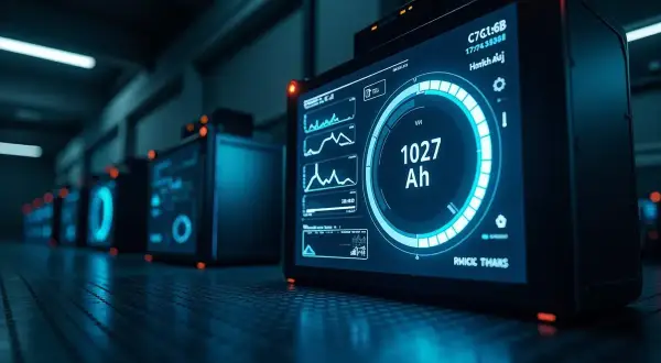 Cyfrowe wyświetlacze pokazują dane techniczne, w tym pojemność akumulatora 1027 Ah, w rzędzie nowoczesnych urządzeń.