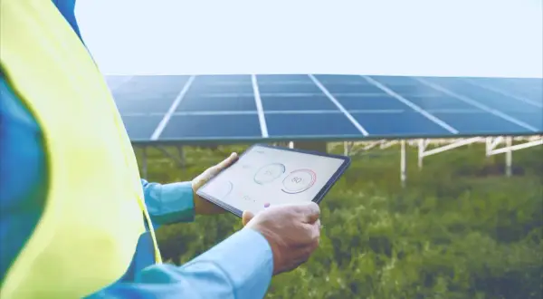 Mężczyzna zarządza magazynem energii dzięki wykorzystaniu systemów opartych o AI