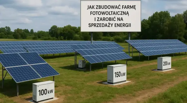 Rozległa farma fotowoltaiczna z rzędami paneli słonecznych. Na tablicy informacja: "Jak zbudować farmę fotowoltaiczną i zarobić na sprzedaży energii".
