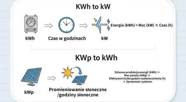 Wykres wyjaśnia zależność między kWh a kW, pokazując, że energia (kWh) to moc (kW) razy czas. Panele słoneczne (kWp) produkują energię w zależności od nasłonecznienia.