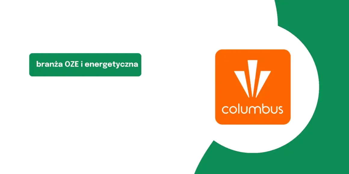 Logo Columbus Energy na tle zielonych kształtów. W tle zielony napis "branża OZE i energetyczna". Columbus Energy opinie.