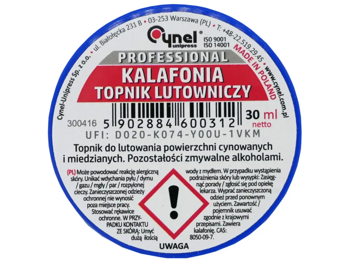 Profesjonalny topnik lutowniczy z kalafonią. Do powierzchni cynowanych i miedzianych. Zmywalny alkoholami.