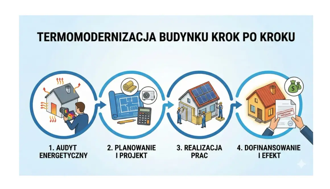 Proces termomodernizacji: audyt energetyczny, planowanie, realizacja prac i dofinansowanie.