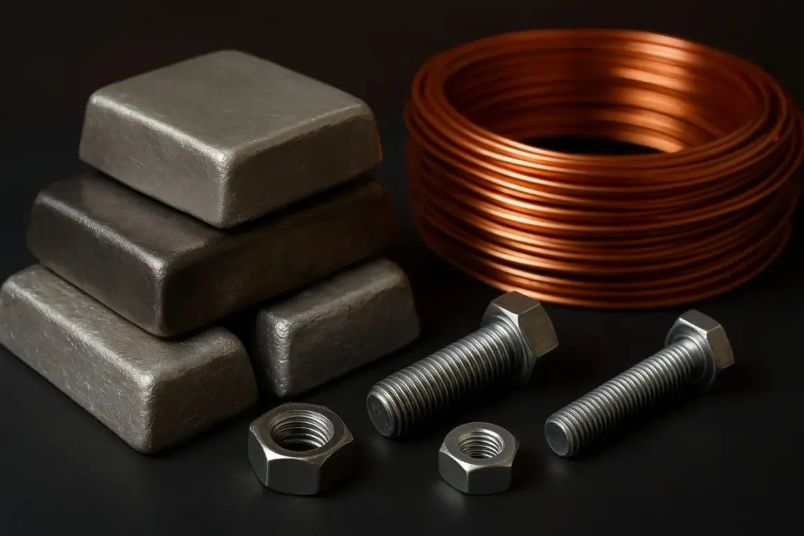 Sztabki aluminium, miedziana cewka i śruby z nakrętkami. Czy aluminium przewodzi prąd? Tak, podobnie jak miedź.