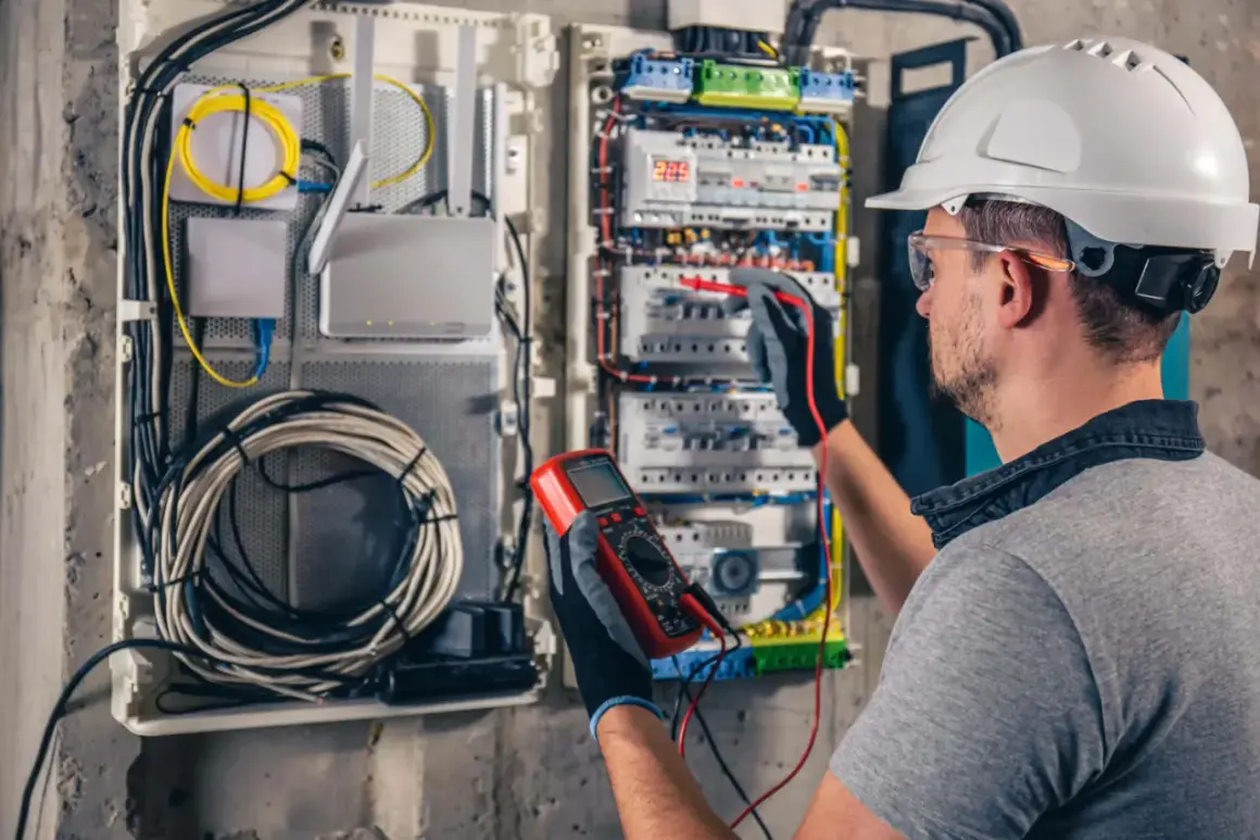 Elektryk w kasku mierzy napięcie w skrzynce z bezpiecznikami, dbając o to, by nie było strat energii biernej.