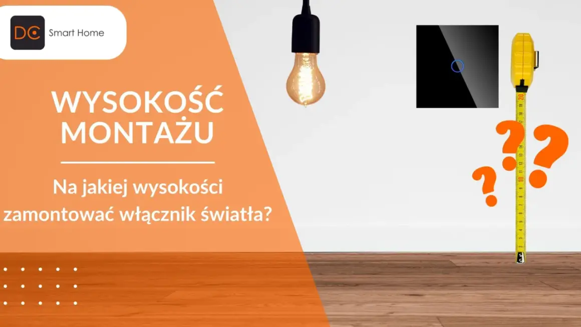 Pytanie: na jakiej wysokości włącznik światła zamontować? Miarka i znaki zapytania sugerują potrzebę ustalenia optymalnej wysokości.