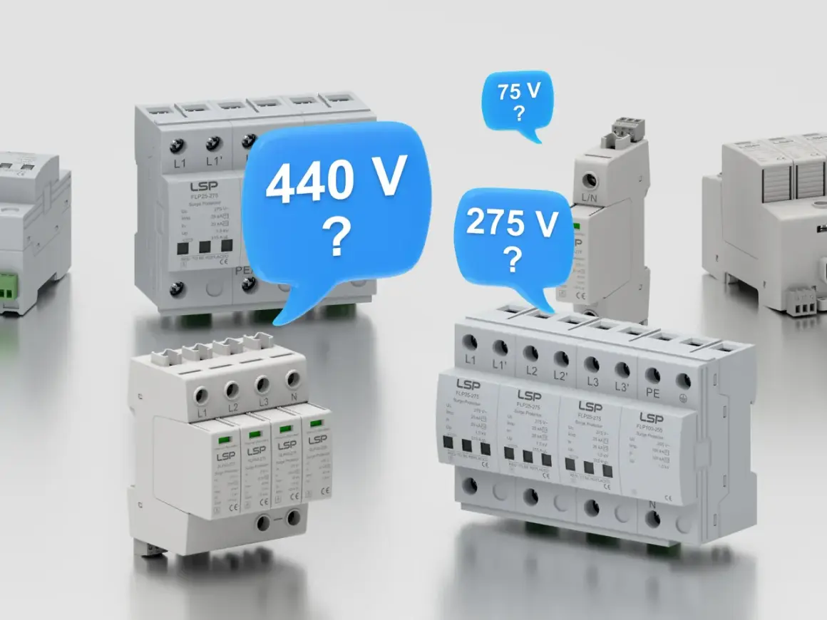 Różne modele zabezpieczeń przeciwprzepięciowych LSP, z pytaniami o napięcie: 440 V, 275 V, 75 V.