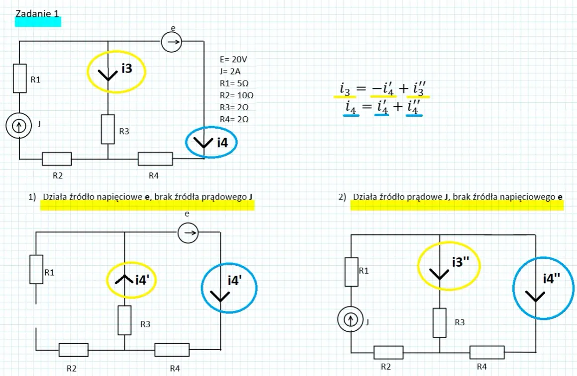 Schemat obwodu elektrycznego ilustrujący zasadę superpozycji, z zaznaczonymi prądami i3, i4, i4', i3'', i4''.