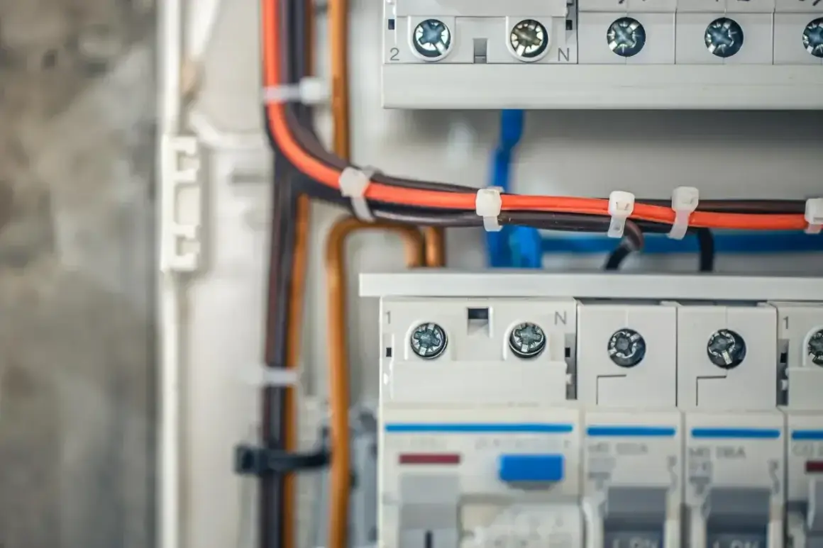 Nowoczesna instalacja elektryczna bezpuszkowa z przewodami w kolorach czarnym i pomarańczowym, uporządkowanymi opaskami.