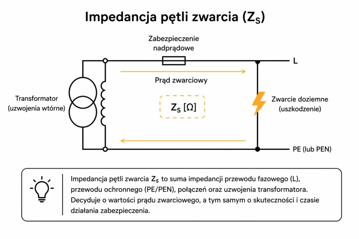 Schemat przedstawia pomiar impedancji pętli zwarcia (Zs). Określa ona prąd zwarciowy i skuteczność zabezpieczeń.