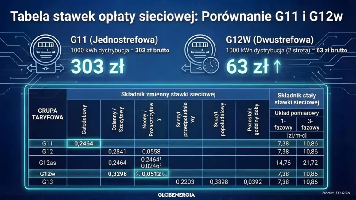 Porównanie taryfy G11 i G12w. Taryfa G12w jest dwustrefowa, co oznacza niższe koszty dystrybucji energii elektrycznej.