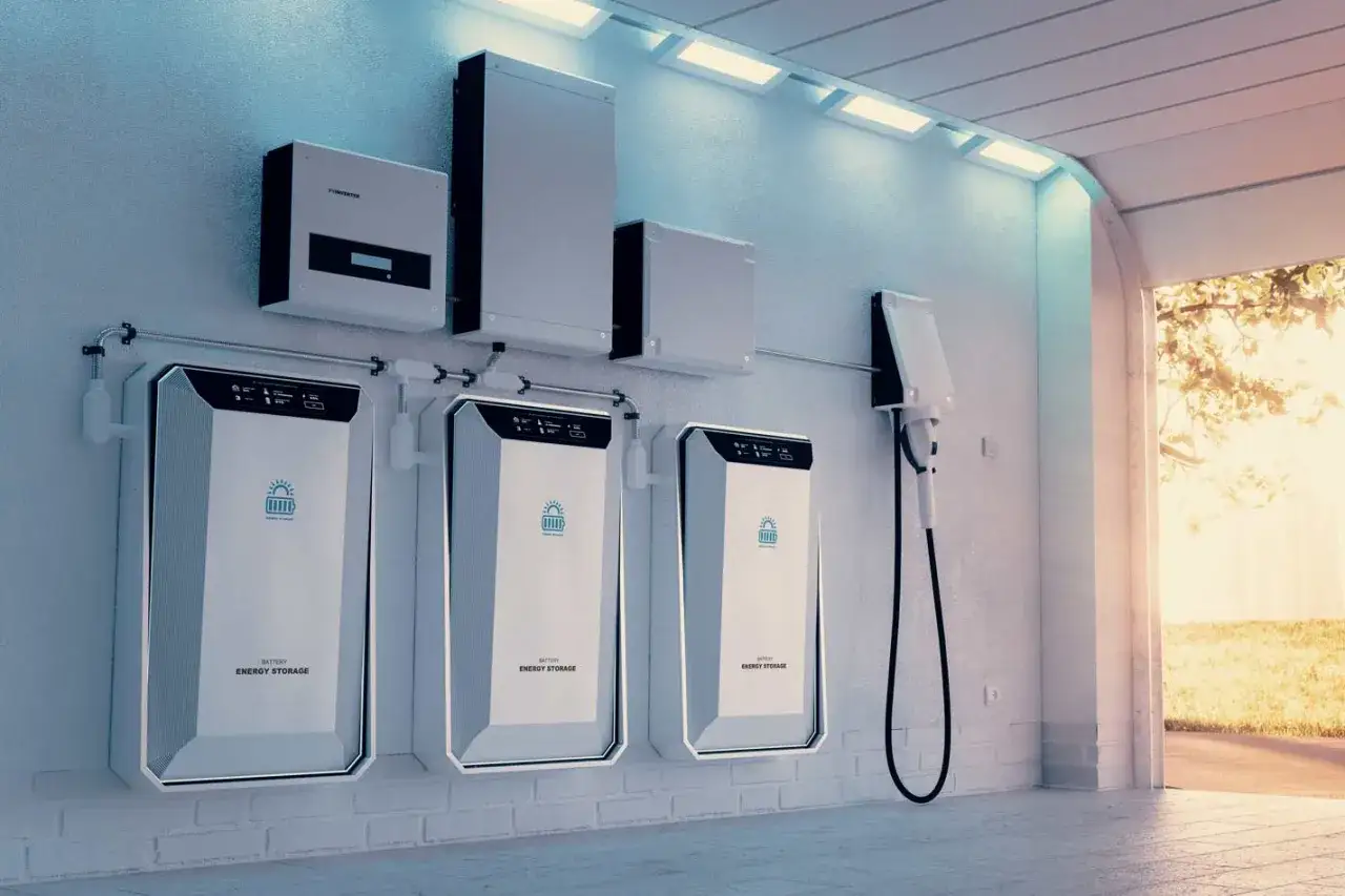 Nowoczesny bank energii z kilkoma modułami na ścianie, gotowy do magazynowania mocy.