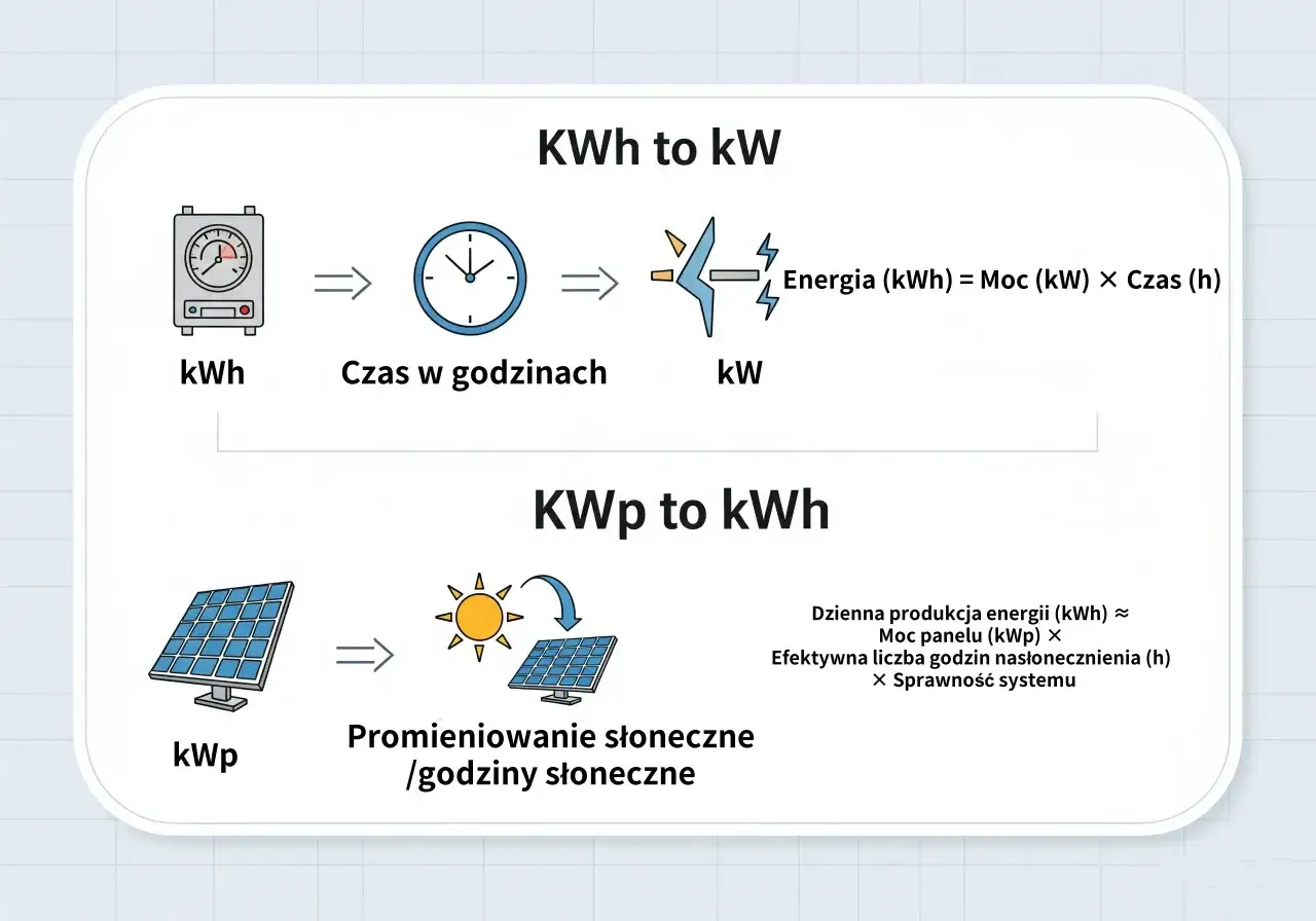 Wyjaśnienie jednostek mocy i energii: kWh do kW przez czas, a KWp do kWh przez nasłonecznienie.