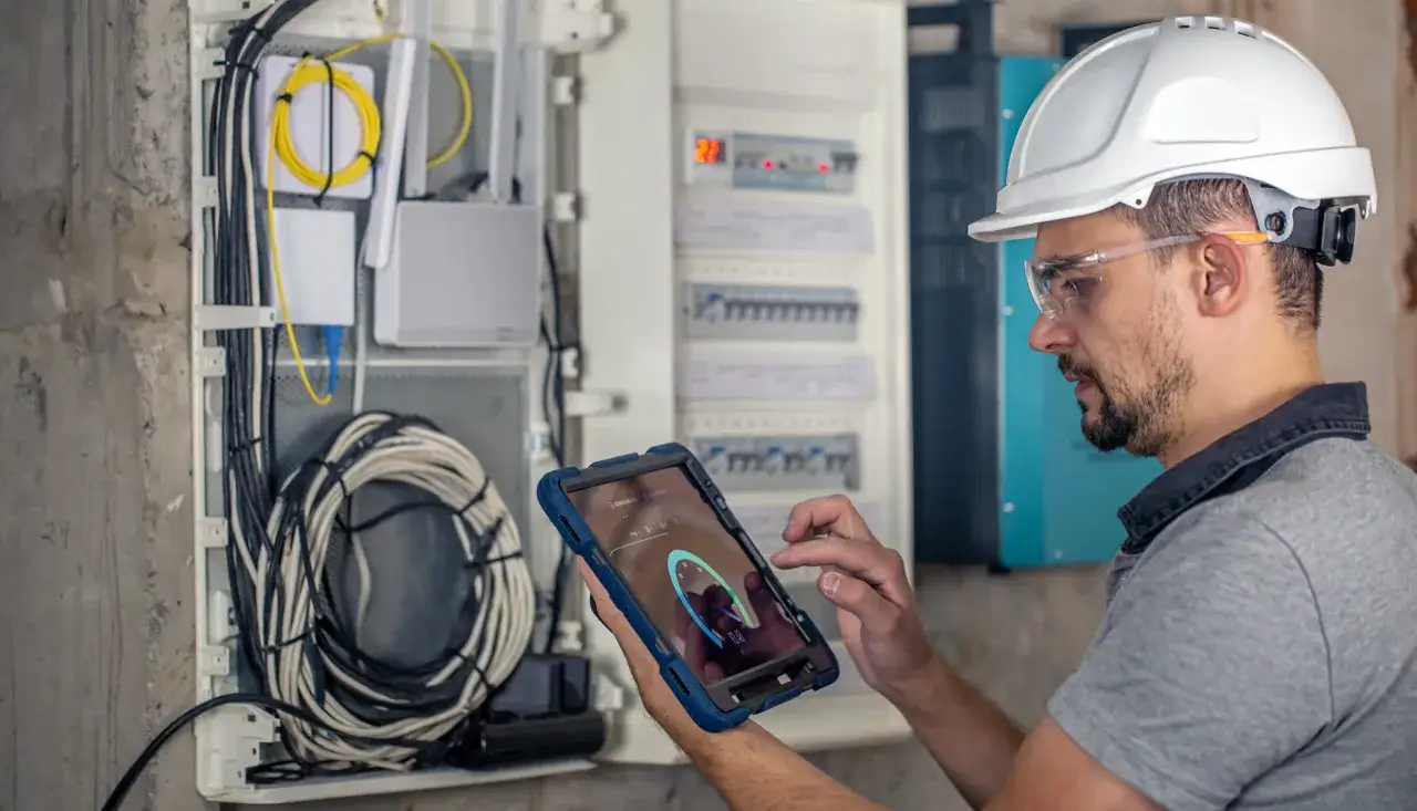 Elektryk w kasku i okularach ochronnych wykonuje przegląd instalacji elektrycznej, analizując dane na tablecie.