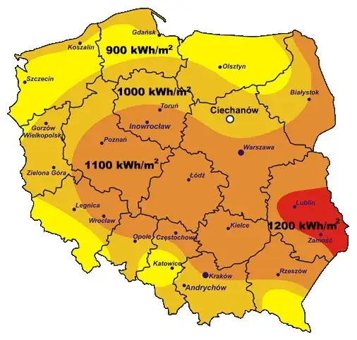 mapa nasłonecznienia Polska fotowoltaika