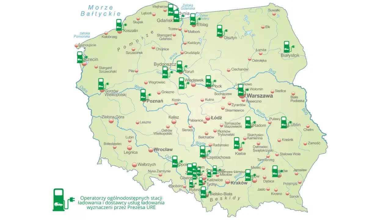 Mapa Polski z zaznaczonymi stacjami ładowania pojazdów elektrycznych. Dostawcy prądu w Polsce rozwijają infrastrukturę.