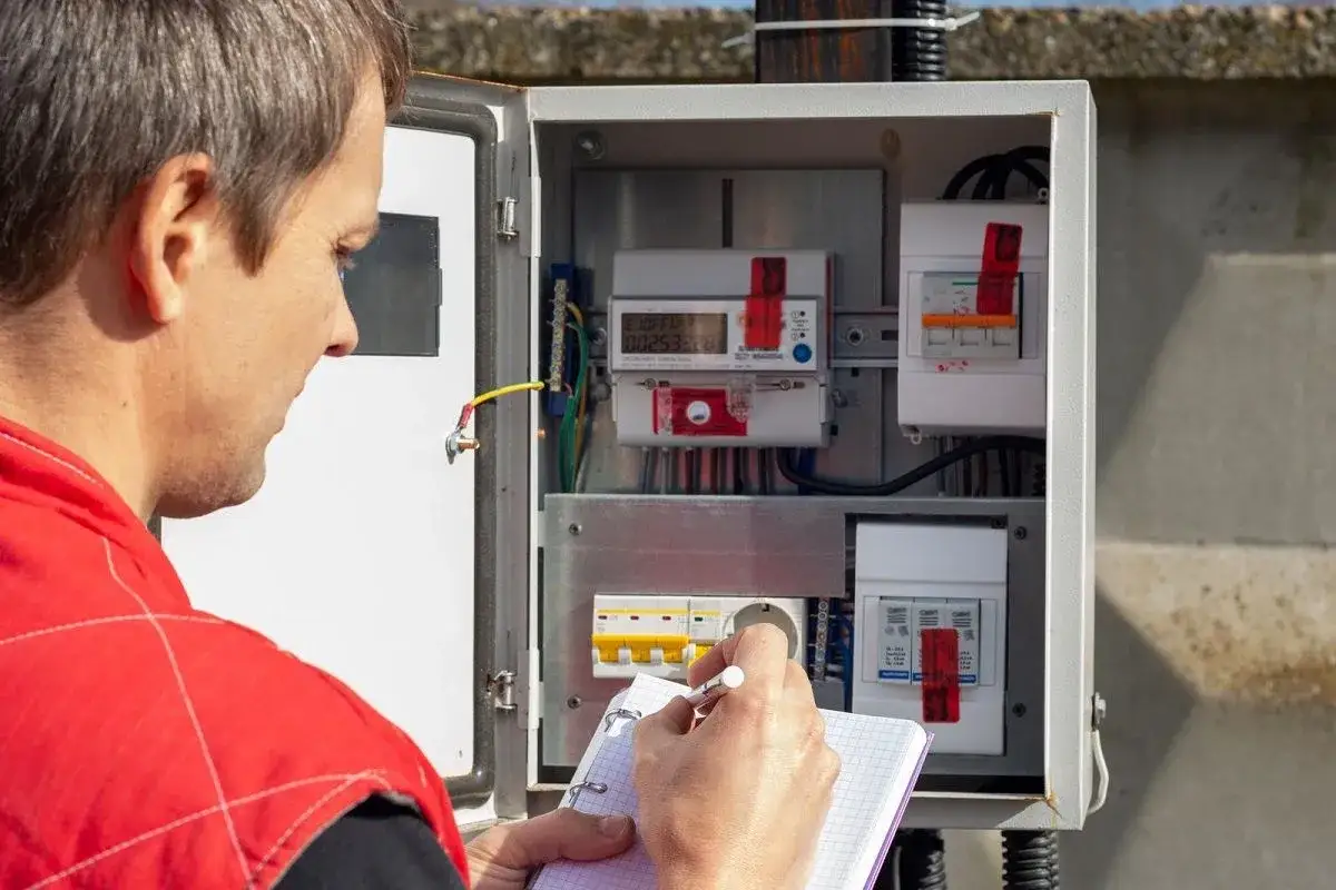 Pracownik w czerwonej kamizelce spisuje odczyt licznika energii elektrycznej. Enea przepisanie licznika to ważny proces.