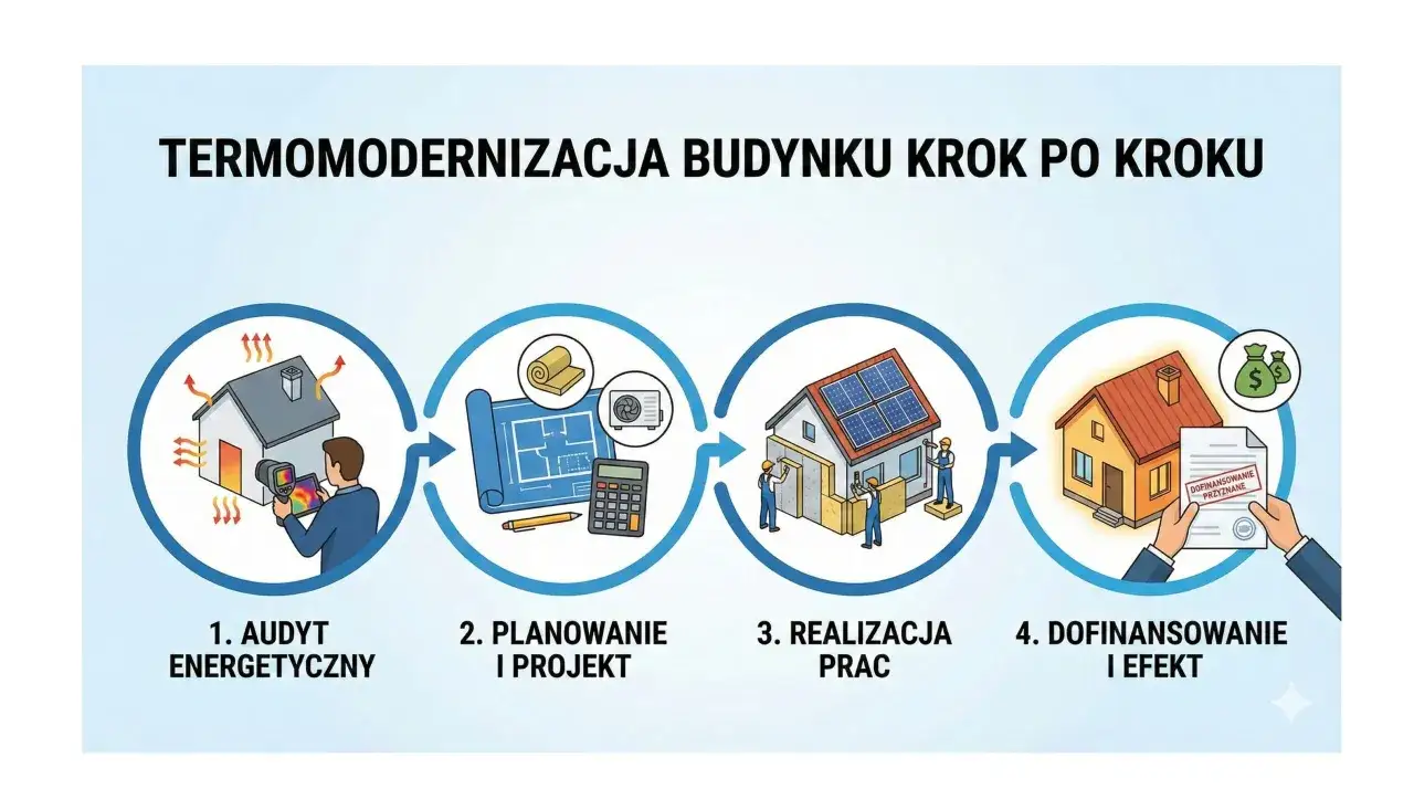 Termomodernizacja krok po kroku: audyt, projekt, realizacja, dofinansowanie. Ostatni etap to przyznane dofinansowanie, potwierdzone białymi certyfikatami.