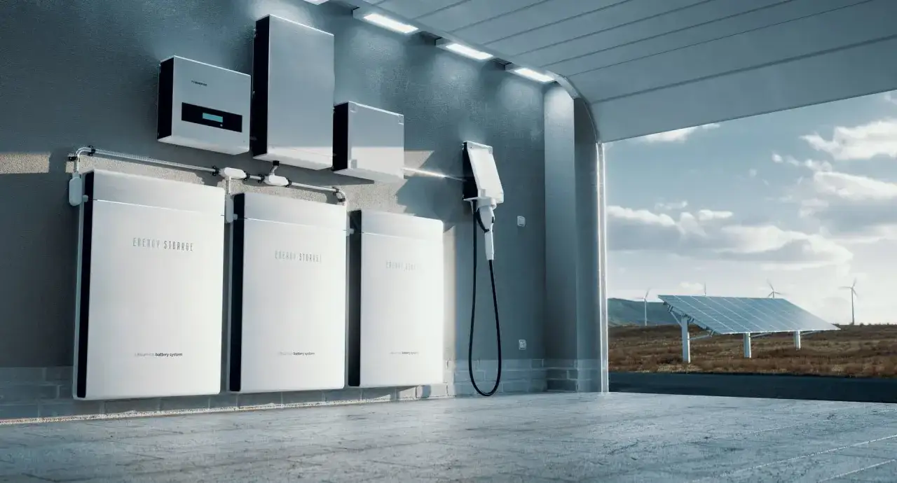 Nowoczesny magazyn energii do fotowoltaiki, z bateriami litowo-jonowymi i ładowarką. W tle panele słoneczne i wiatraki.