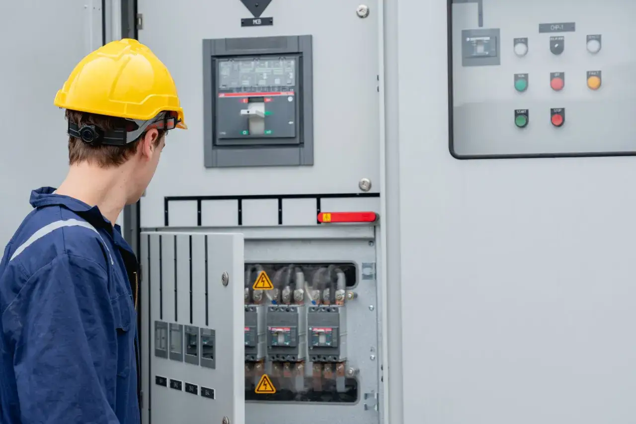 Inżynier w żółtym kasku sprawdza rozdzielnicę elektryczną, dbając o bezpieczeństwo i kontrolę nad energią bierną.