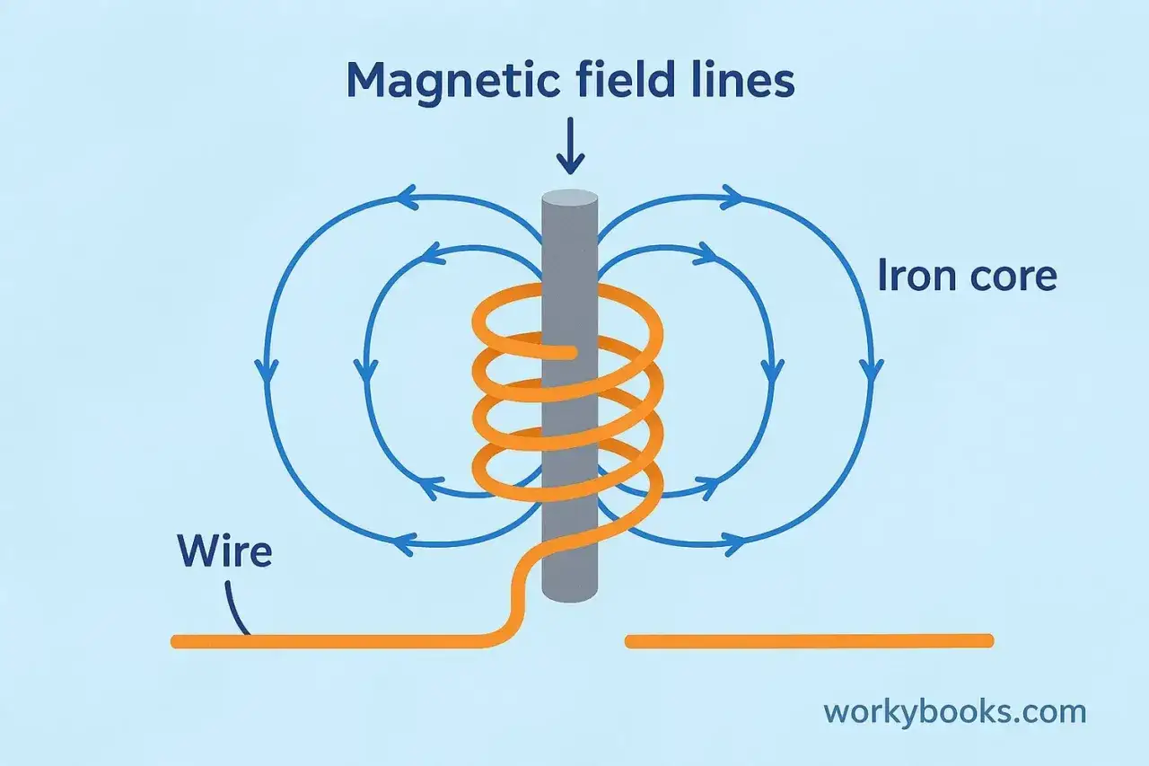Schemat budowy elektromagnesu: drut nawinięty na rdzeń żelazny, tworzący pole magnetyczne.