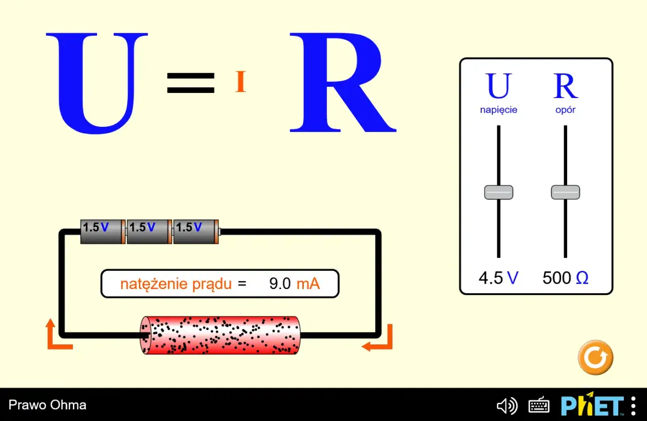 Wzór na napięcie U=IR. Obwód z bateriami 4.5V, opornikiem i miernikiem prądu 9.0mA. Suwaki do regulacji napięcia i oporu.