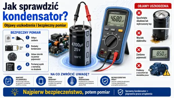 Jak sprawdzić kondensator? Obraz pokazuje miernik pojemności podłączony do kondensatora, instrukcje bezpiecznego pomiaru i objawy uszkodzenia.