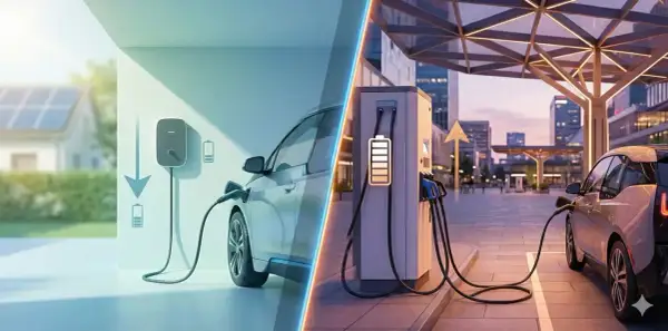 Ładowanie elektryka w domu i na mieście. Zastanawiasz się, ile kosztuje ładowanie elektryka? Obraz pokazuje różne opcje.