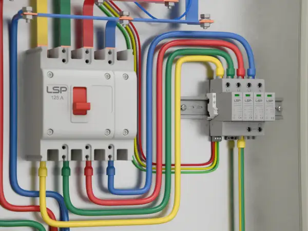 W skrzynce elektrycznej widać wyłącznik główny i moduły odgromnik. Kolorowe przewody (żółty, zielony, czerwony, niebieski) łączą je zasilaniem.