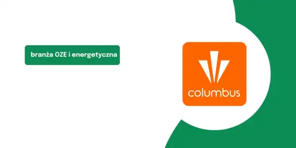 Logo Columbus Energy na tle zielonych kształtów. W tle zielony napis "branża OZE i energetyczna". Columbus Energy opinie.