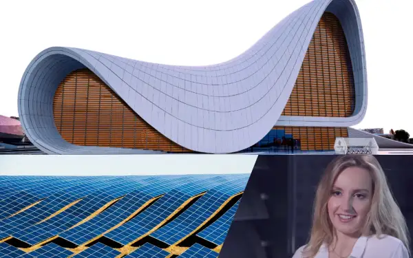 Nowoczesna architektura i panele słoneczne, które mogą wykorzystywać perowskity do efektywniejszego pozyskiwania energii.
