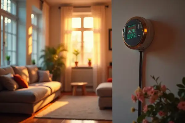 Inteligentny licznik energii PGE z funkcją taryfy G12w, dostosowujący się do pory roku, pokazuje aktualne zużycie w przytulnym salonie.