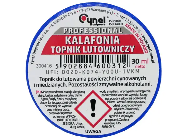 Profesjonalny topnik lutowniczy z kalafonią. Do powierzchni cynowanych i miedzianych. Zmywalny alkoholami.