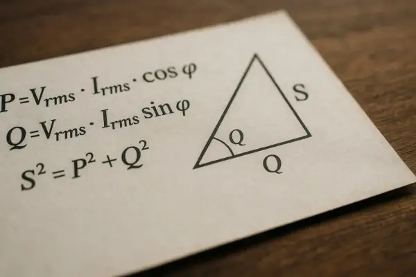 Wzory elektryczne: P=Vrms⋅Irms⋅cosφ, Q=Vrms⋅Irms⋅sinφ, S²=P²+Q². Trójkąt z oznaczeniami P, Q, S. Moc pozorna S.