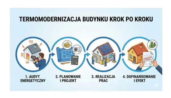 Proces termomodernizacji: audyt energetyczny, planowanie, realizacja prac i dofinansowanie.