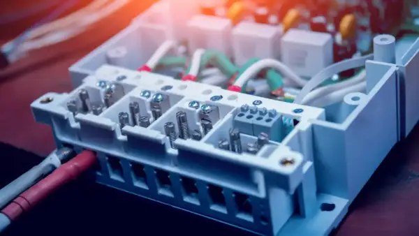 Wnętrze skrzynki elektrycznej z przewodami i złączami. Widać śruby i zaciski, które łączą kable. THD.