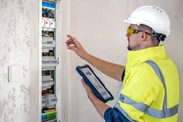 Elektryk w kasku i kamizelce odblaskowej sprawdza rozdzielnicę elektryczną na tablecie.