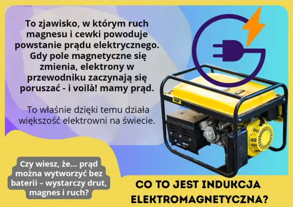 Żółty generator prądu symbolizuje zjawisko indukcji elektromagnetycznej, gdzie ruch magnesu i cewki generuje prąd.