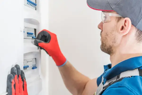 Elektryk w czerwonych rękawicach dokonuje przeglądu instalacji elektrycznej, sprawdzając bezpieczniki w skrzynce.