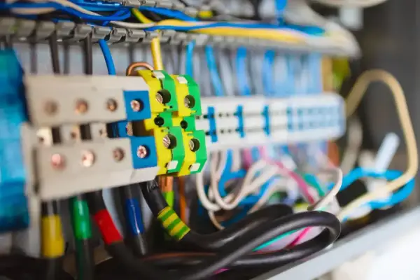 Kolorowe przewody w skrzynce elektrycznej, w tym zielono-żółty przewód uziemienia, łączą się z zaciskami.