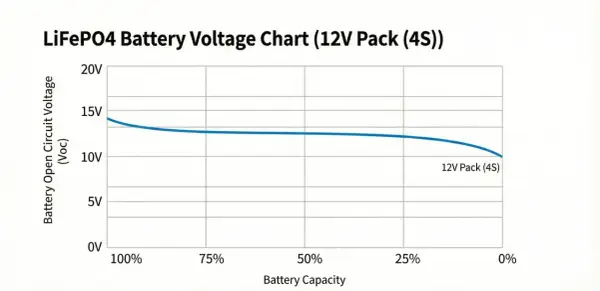 Wykres napięcia akumulatora LiFePO4 (12V Pack 4S). Pokazuje prawidłowe napięcie w zależności od pojemności.