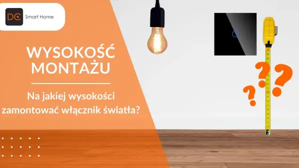 Pytanie: na jakiej wysokości włącznik światła zamontować? Miarka i znaki zapytania sugerują potrzebę ustalenia optymalnej wysokości.