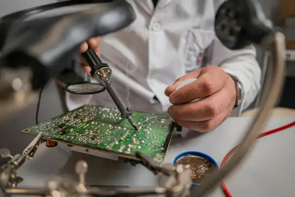 Ręce technika lutują płytę główną pod lupą. Nawet w **zimne luty** praca wre, by naprawić elektronikę.