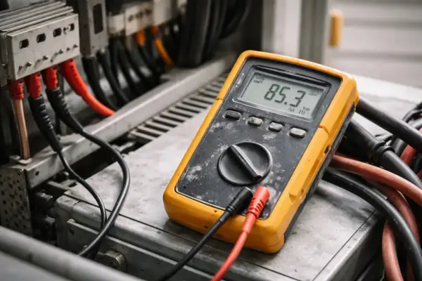 Miernik pokazuje 85.3 MΩ podczas pomiaru rezystancji izolacji instalacji elektrycznej.